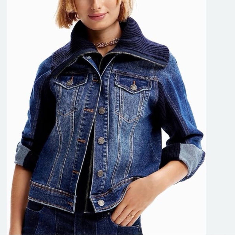 Desigual designer jacket with ribbed knit hood & sleeves nwt size medium